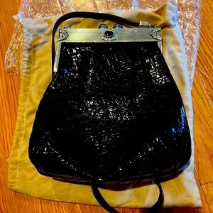 Vintage moulin rouge bag. Black leather silver clasp